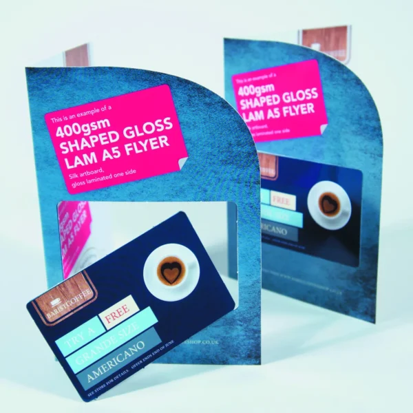 Shaped gloss flyers promoting a coffee shop using a coffee card example.