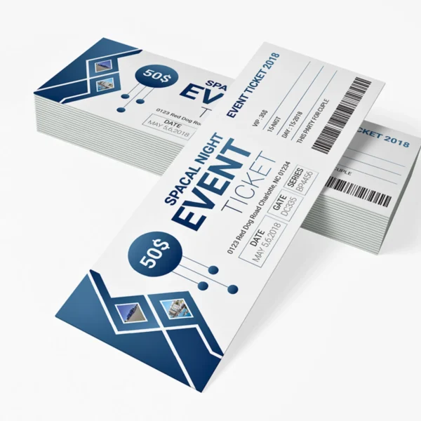 Modern event ticket with details and geometric design.