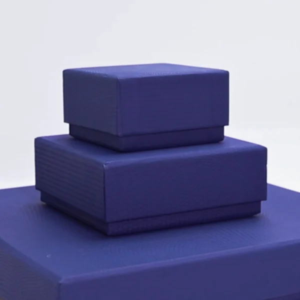 Two stackable purple rigid boxes on a flat surface.