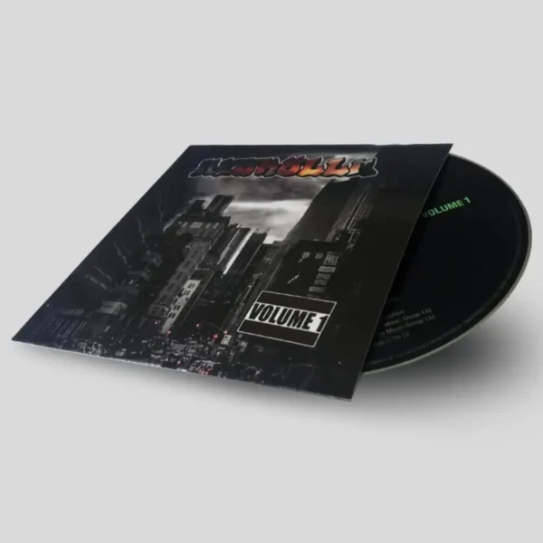 A stylish 2 panel CD jacket featuring a cityscape design and a black CD labeled "Volume 1".