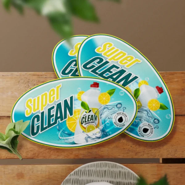 Oval flyer for "Super Clean" product featuring cleaning supplies.