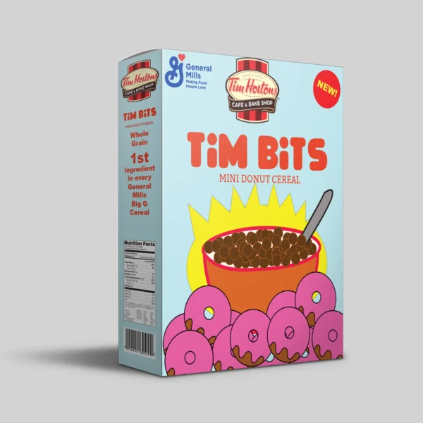 Tim Hortons mini donut cereal box with vibrant design.