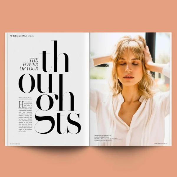 Two-page magazine spread featuring wellness articles and a photograph of a woman.