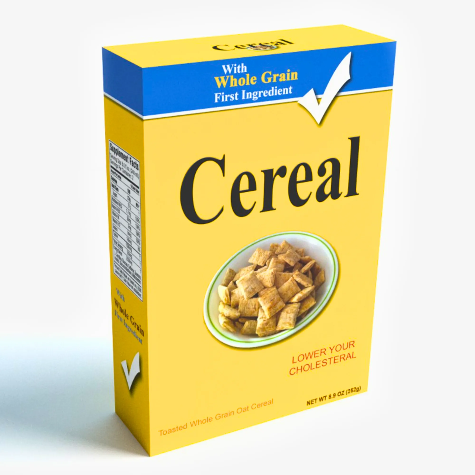 A generic yellow cereal box with a label stating "With Whole Grain" and a bowl of cereal on display.