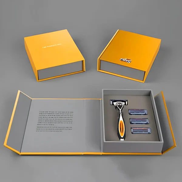 Open custom orange and gray shaving kit box.