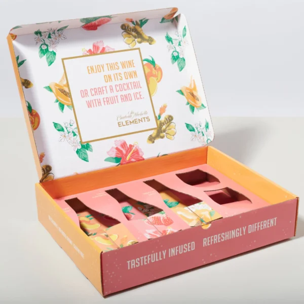 Vibrant custom box with floral designs and wine bottles.