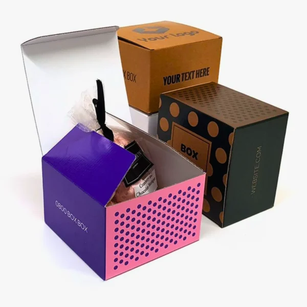 Assortment of colorful custom boxes with logos.