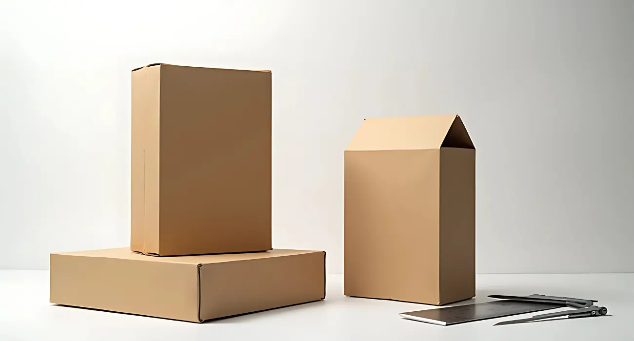 Three cardboard boxes in different sizes on a white surface with cutting tools.