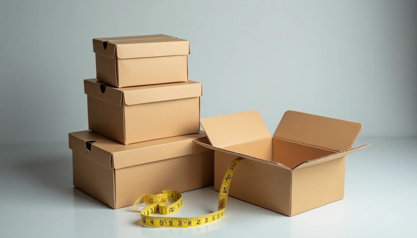 A stack of brown cardboard shoe boxes with a measuring tape, illustrating shoe box dimensions.