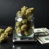 A jar filled with cannabis buds placed on a digital scale showing 7.0 grams, alongside several U.S. dollar bills on a dark background.