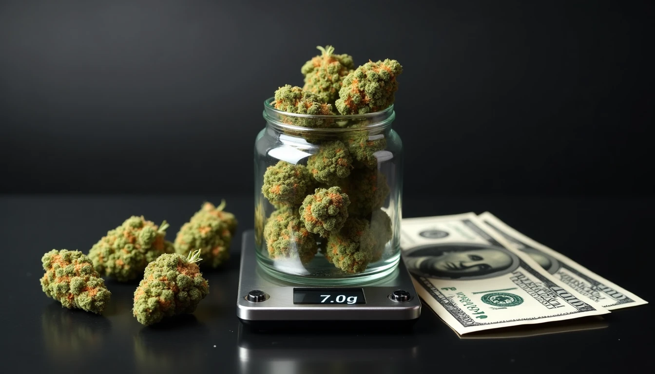 A jar filled with cannabis buds placed on a digital scale showing 7.0 grams, alongside several U.S. dollar bills on a dark background.