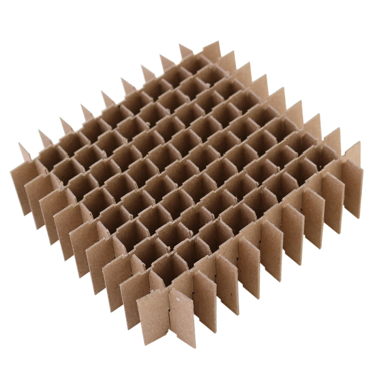 A close-up view of a square cardboard sheet featuring a grid of small, rectangular compartments, designed for storage or organization.