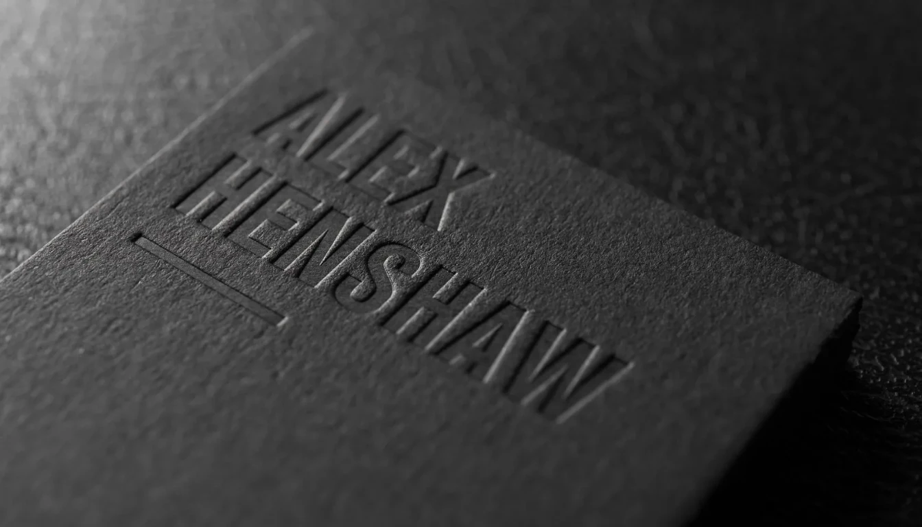 Close-up of a debossed business card featuring the name "Alex Henshaw" on a textured black background.