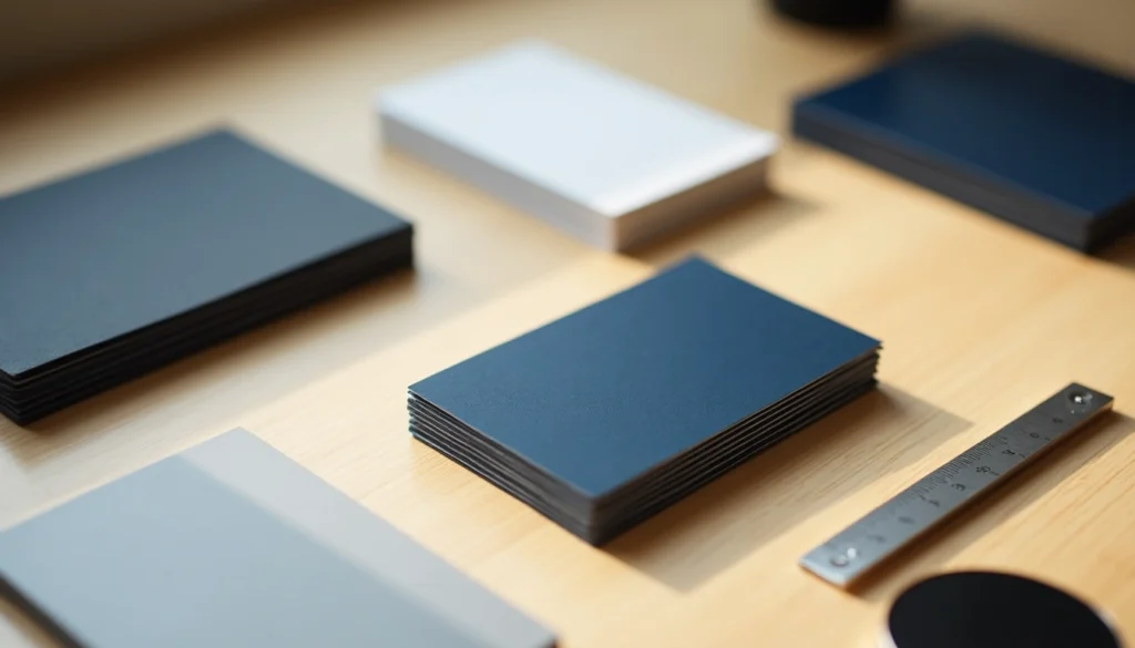 A collection of business cards and stationery arranged on a wooden surface, featuring navy, black, gray, and white colors, along with a metal ruler and a small circular object.