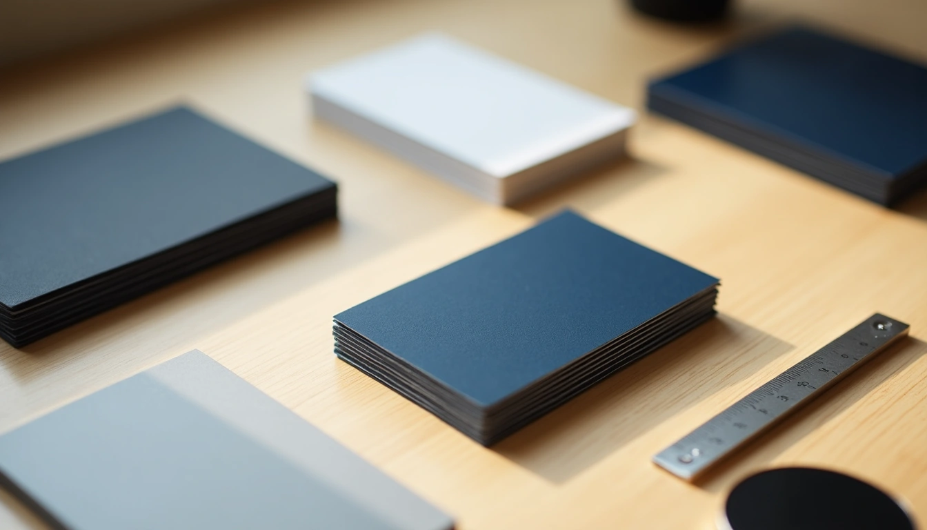 A collection of business cards and stationery arranged on a wooden surface, featuring navy, black, gray, and white colors, along with a metal ruler and a small circular object.