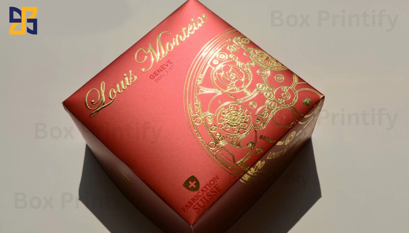 A red gift box with gold foil detailing, featuring the inscription "Louis Monteiro" and symbols indicating Swiss craftsmanship.