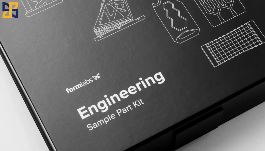 Black box packaging featuring technical drawings and text stating "Engineering Sample Part Kit" alongside the Formlabs logo.