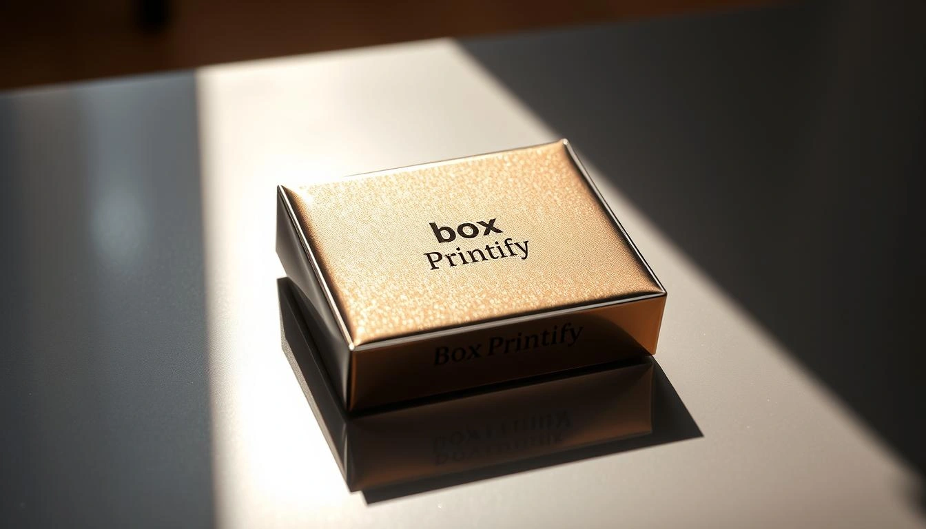 A glossy box with "box Printify" printed on it, sitting on a reflective surface illuminated by sunlight.