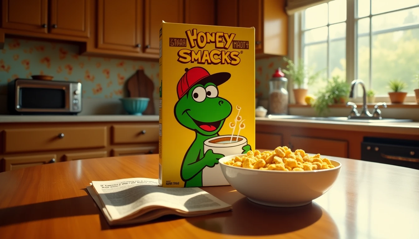 A box of Honey Smacks cereal featuring a cartoon frog character holding a bowl. A bowl of cereal sits on a wooden table in a warmly lit kitchen.