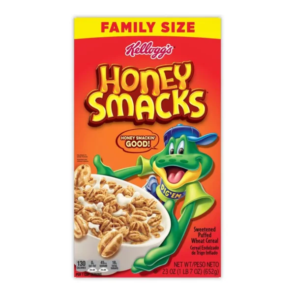 Kellogg's Honey Smacks cereal box featuring a cartoon frog pouring honey.