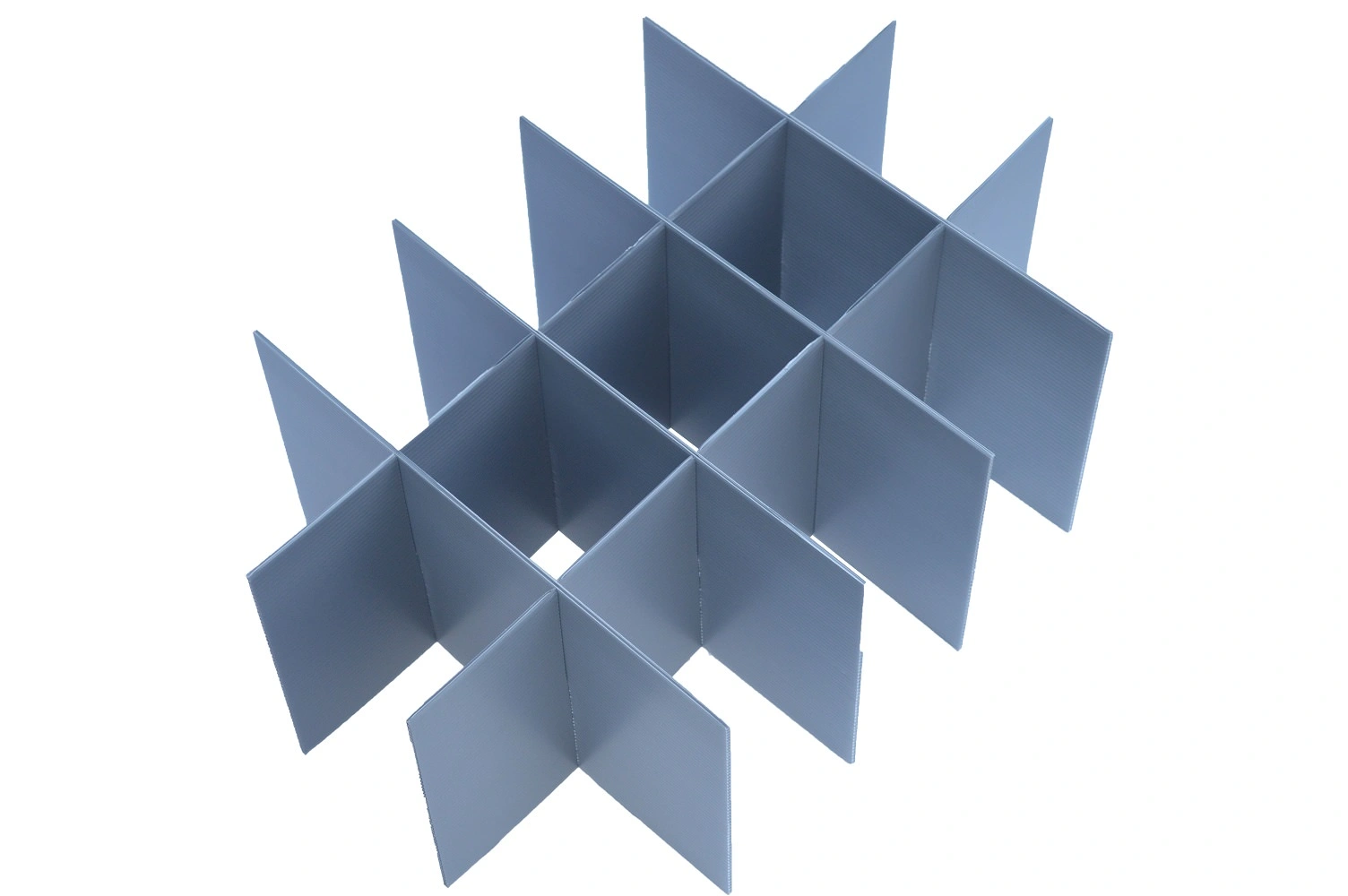 A three-dimensional display organizer made of light blue panels intersecting to create multiple compartments.