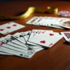 A spread of playing cards on a wooden table with a measuring tape nearby