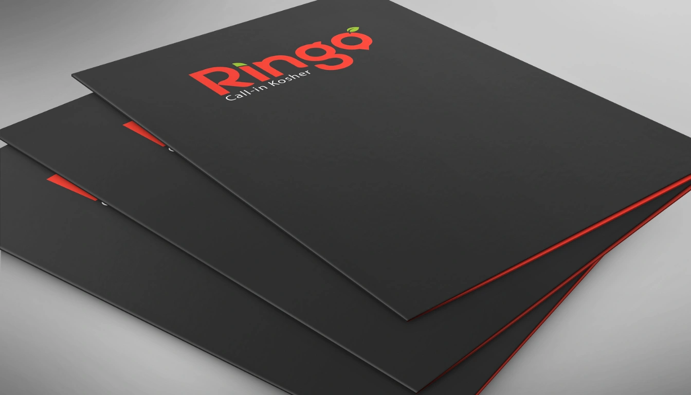 A set of black menu covers featuring the logo "Ringo" in red with the tagline "Call-in Kosher" printed below, showcasing a modern design.