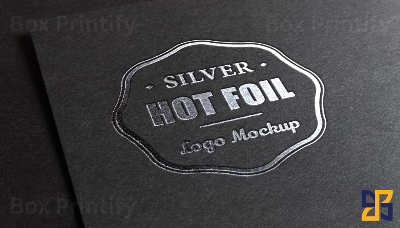 Close-up of a silver hot foil logo mockup on a textured dark background.