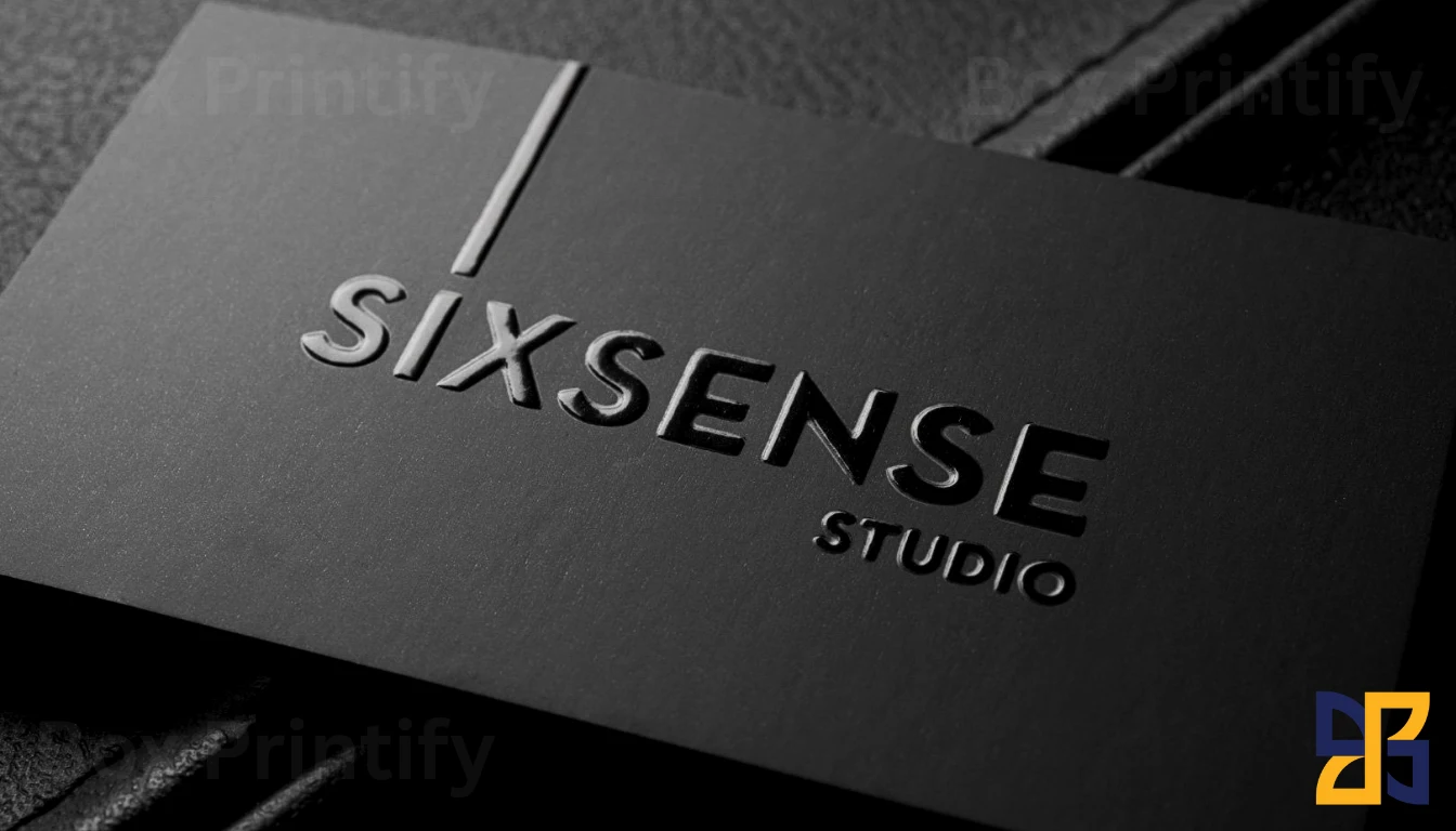 A close-up of a black business card featuring the embossed logo of "SIXSENSE STUDIO" on a textured background.
