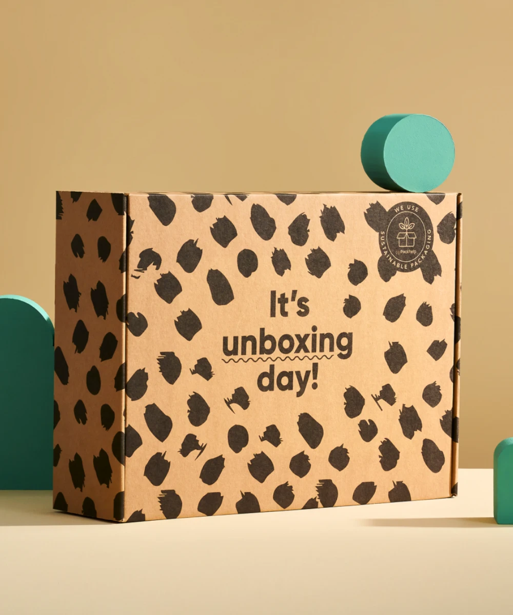 A brown cardboard box with black leopard print design and the text "It's unboxing day!" displayed prominently. Two teal geometric shapes are positioned beside the box against a soft beige background.