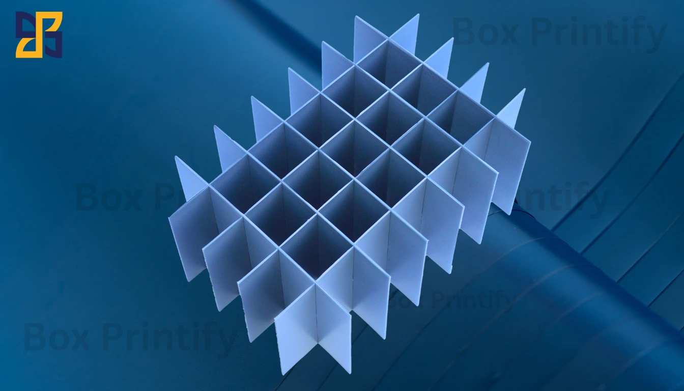 A white, multi-compartment display organizer sits on a blue surface with the text "Box Printify" softly visible in the background.