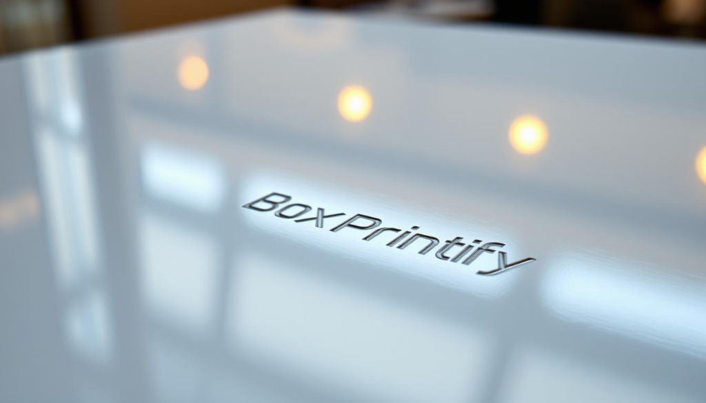Close-up of the BoxPrintify logo on a glossy surface