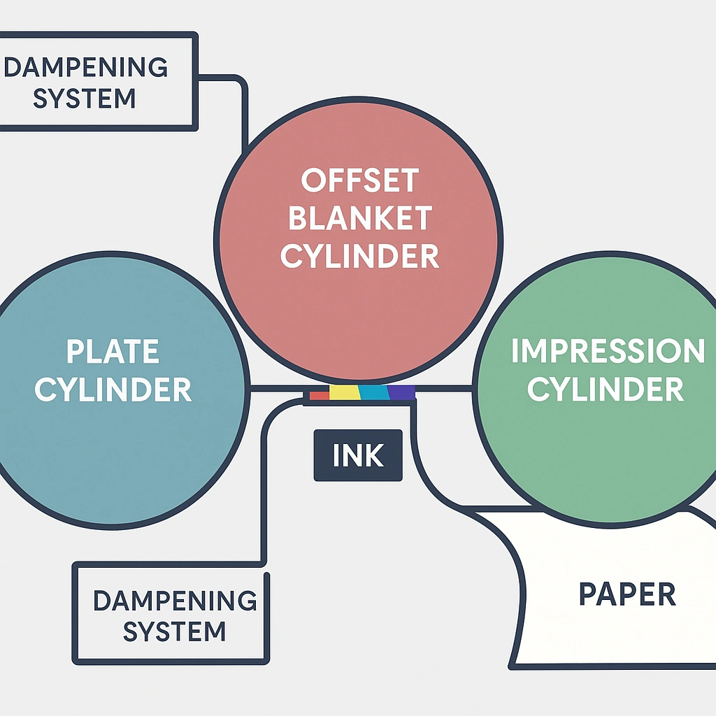 Diagram illustrating the components of offset printing, including the dampening system, offset blanket cylinder, plate cylinder, impression cylinder, and ink flow to paper.