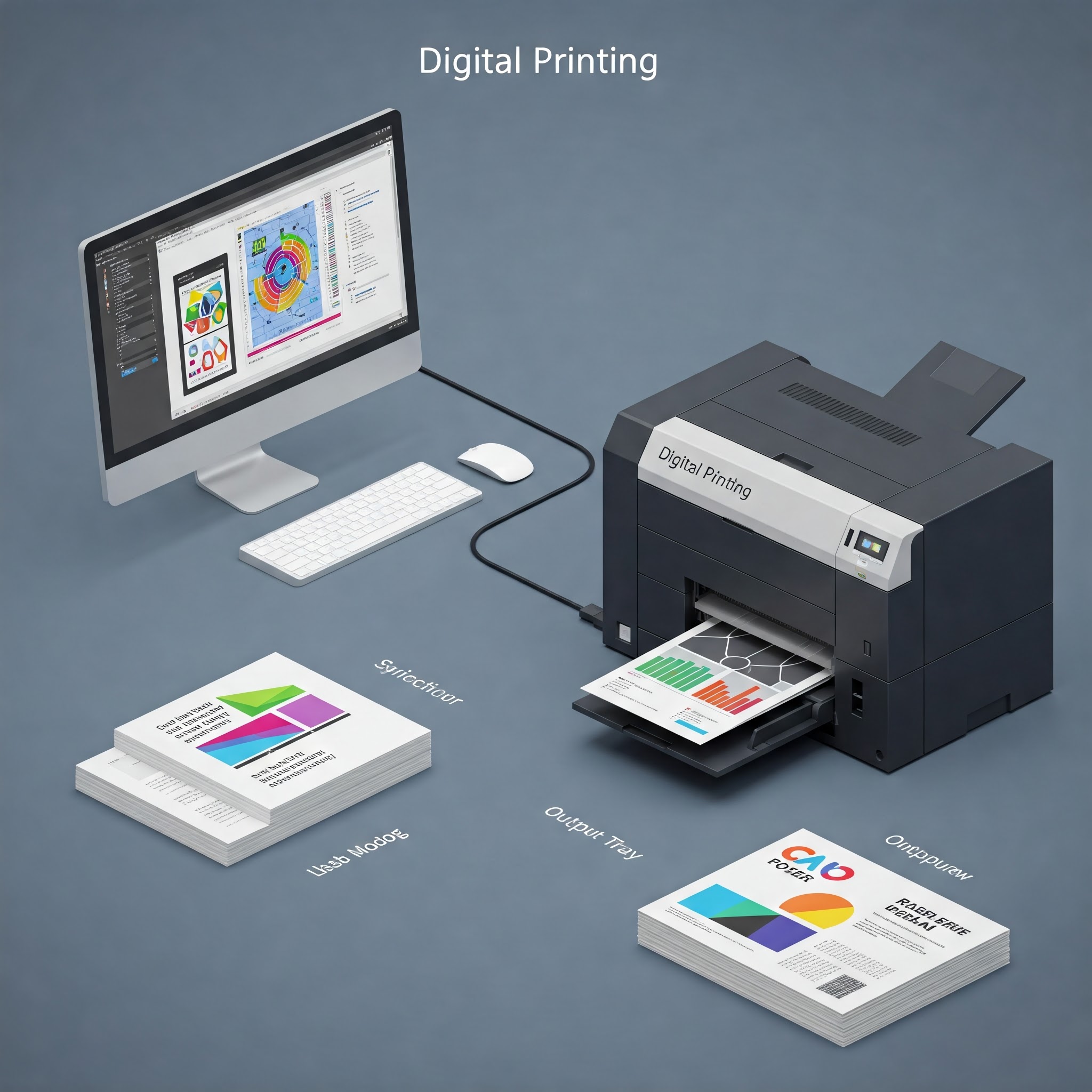 A digital printing setup featuring a computer connected to a printer, with printed materials displayed around it.