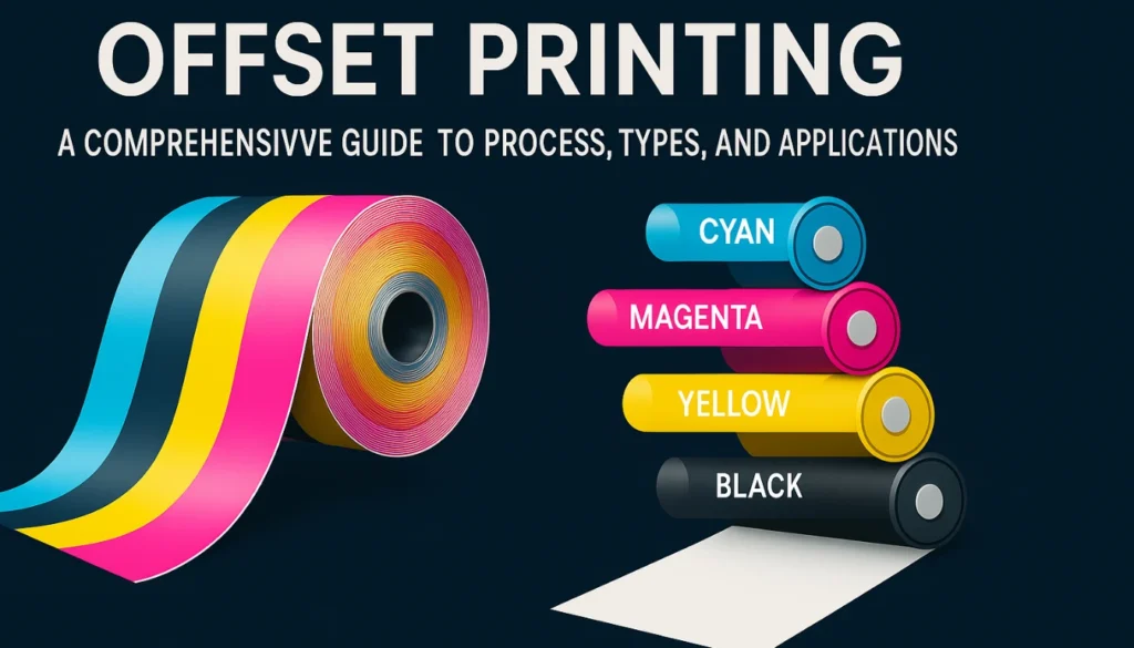 Colorful rolls of ink representing CMYK colors alongside the text "OFFSET PRINTING" and a description about a guide to process, types, and applications.