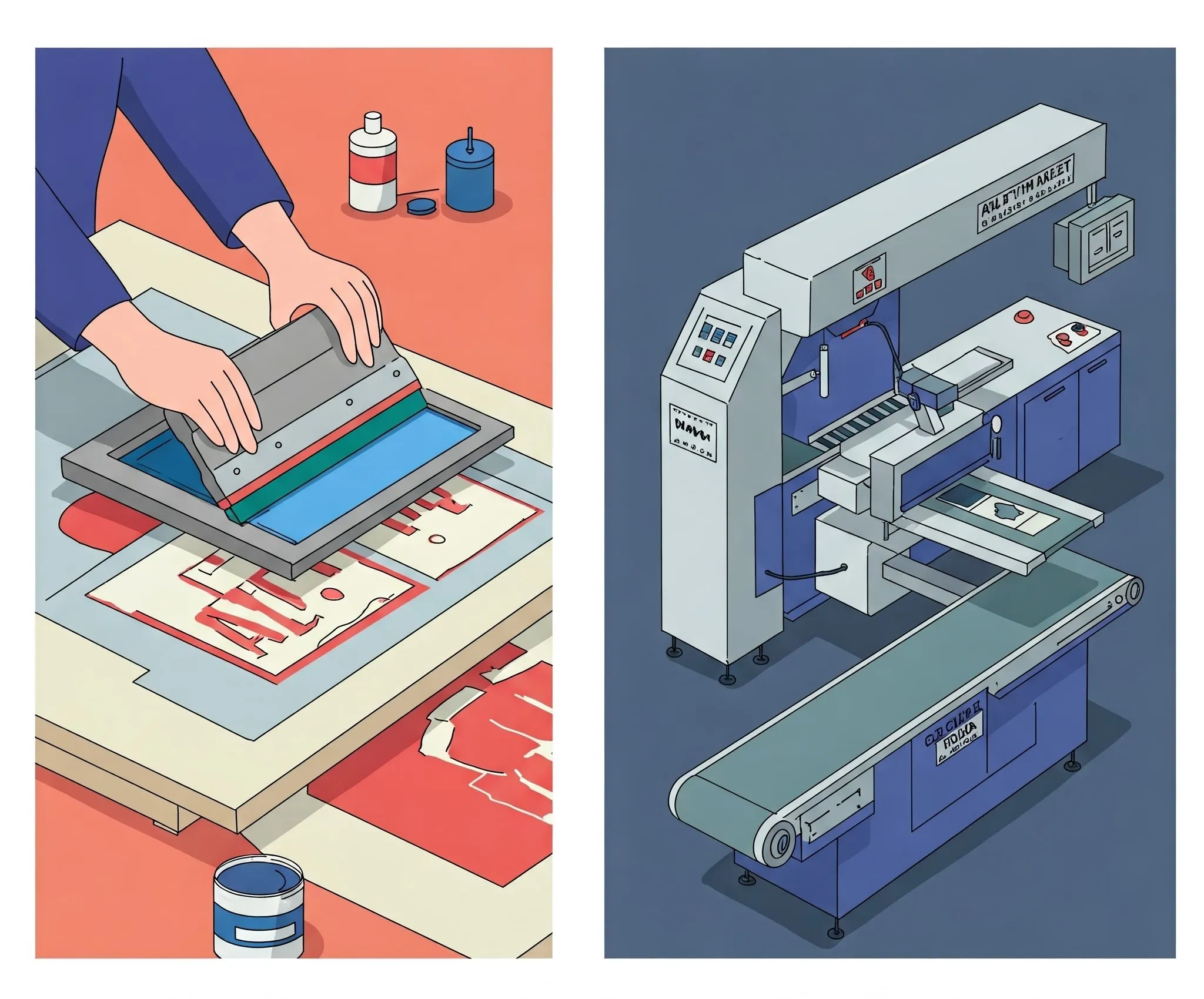 Illustration depicting two scenes: on the left, a person screen printing with a squeegee over a design, and on the right, a modern printing machine featuring a conveyor belt and various controls.