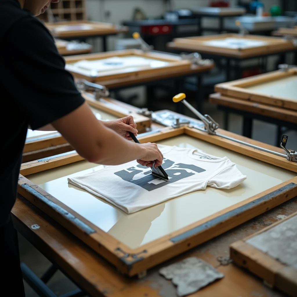 A person using a squeegee to apply ink onto a screen for printing on a white t-shirt in a workshop filled with printing frames.