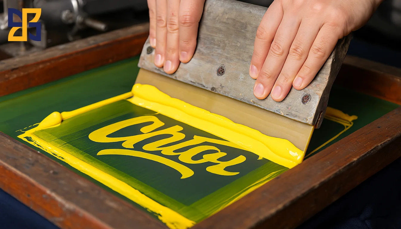 A person using a squeegee to spread yellow ink on a silk screen during a screen printing process. The screen has a green base with the word "Chato" partially visible in yellow cursive.