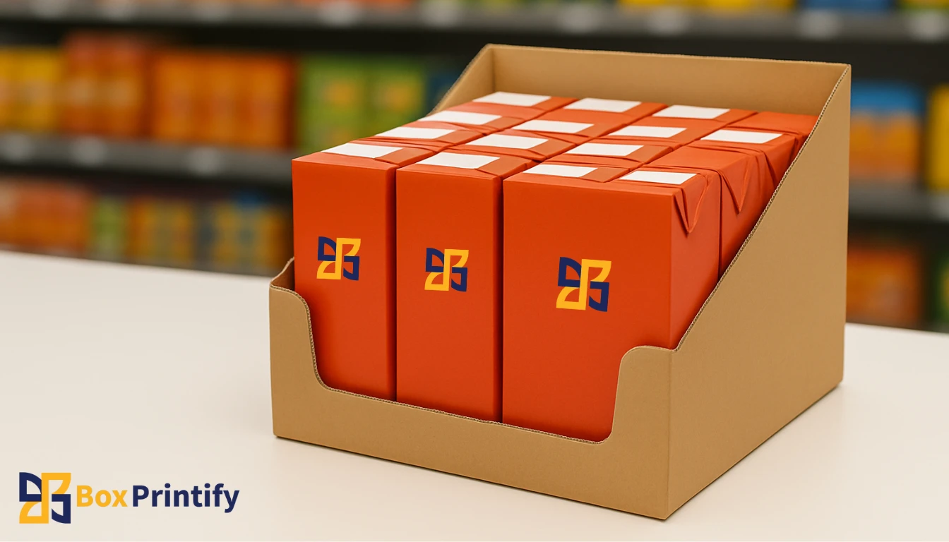 A display of shelf-ready packaging boxes in orange color, branded with the Box Printify logo, arranged in a retail setting to enhance visibility and accessibility.