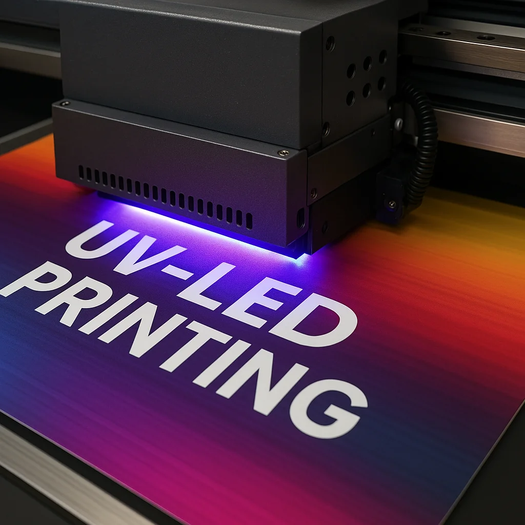 A close-up view of a UV-LED printer in action, printing the text "UV-LED PRINTING" on a vibrant gradient background.