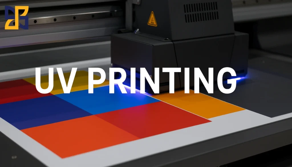 A close-up view of a UV printing machine in action, with vibrant colored squares on a printing surface and the text 'UV PRINTING' overlaying the image.