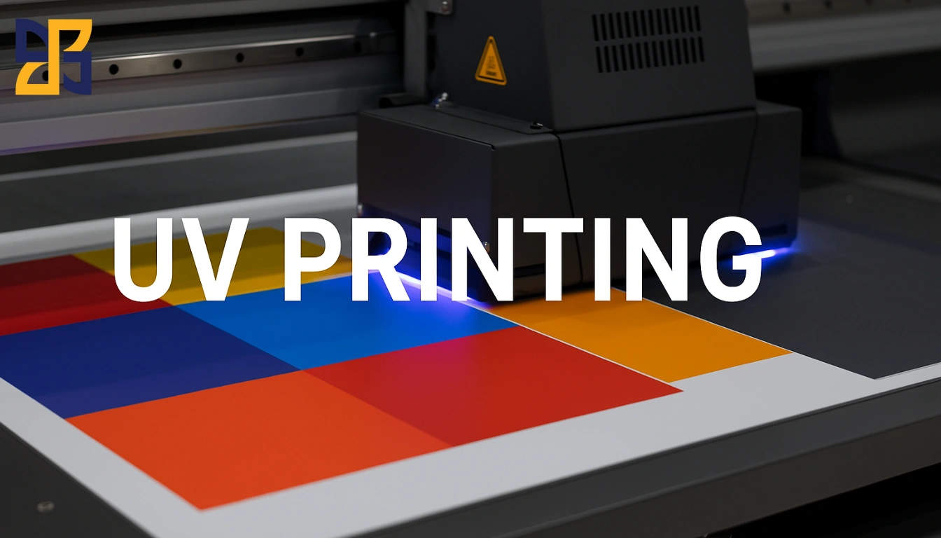 A close-up view of a UV printing machine in action, with vibrant colored squares on a printing surface and the text 'UV PRINTING' overlaying the image.