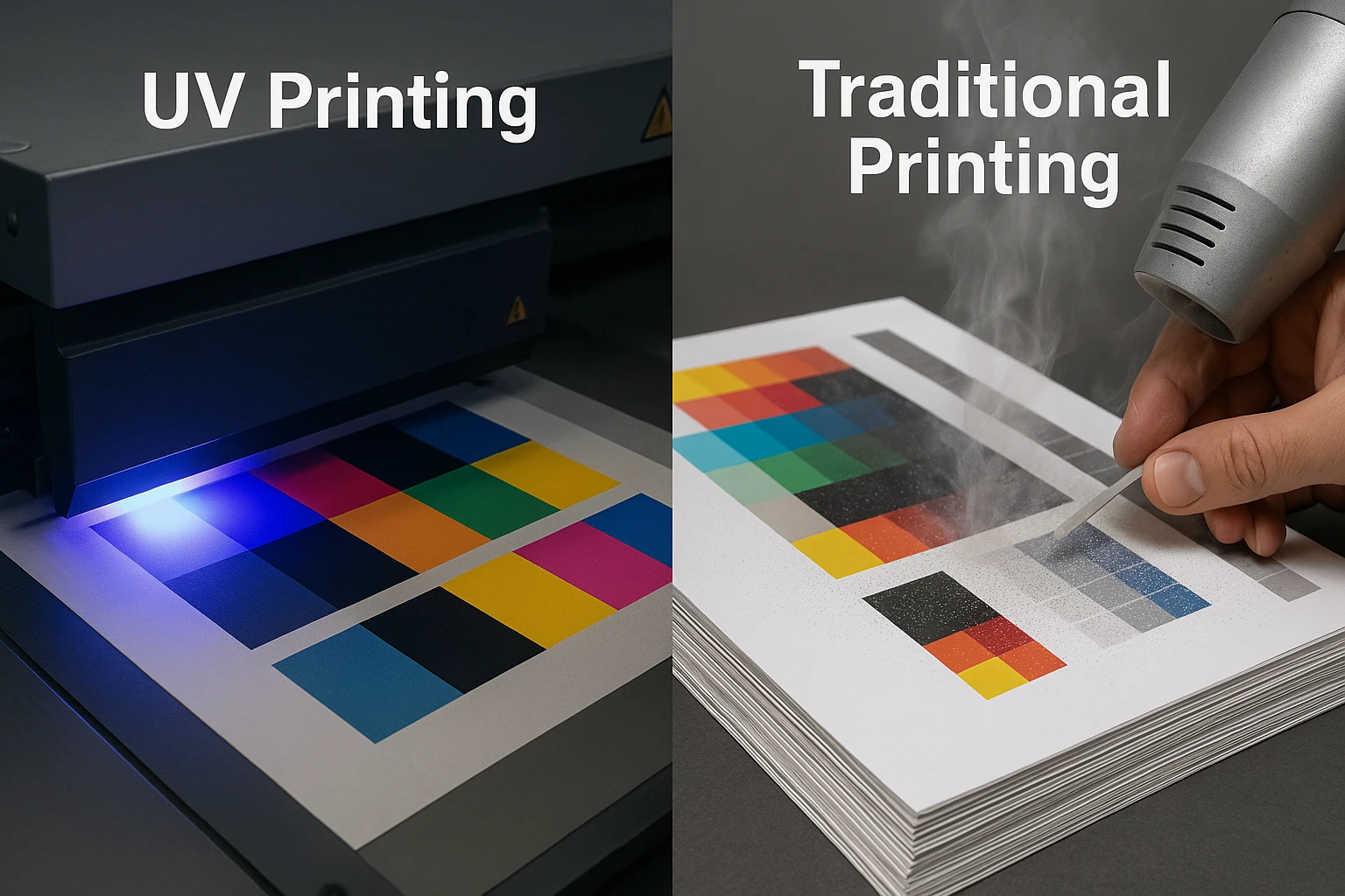 Comparison of UV printing and traditional printing techniques, showcasing color swatches. The left side displays a UV printer in action, while the right shows a hand using a heat gun on printed materials.