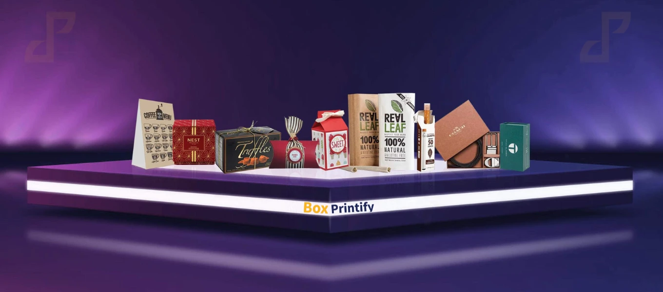 A showcase of custom printed packaging boxes including gift boxes, food packaging, vape cartons, and cosmetic boxes on a spotlight platform.