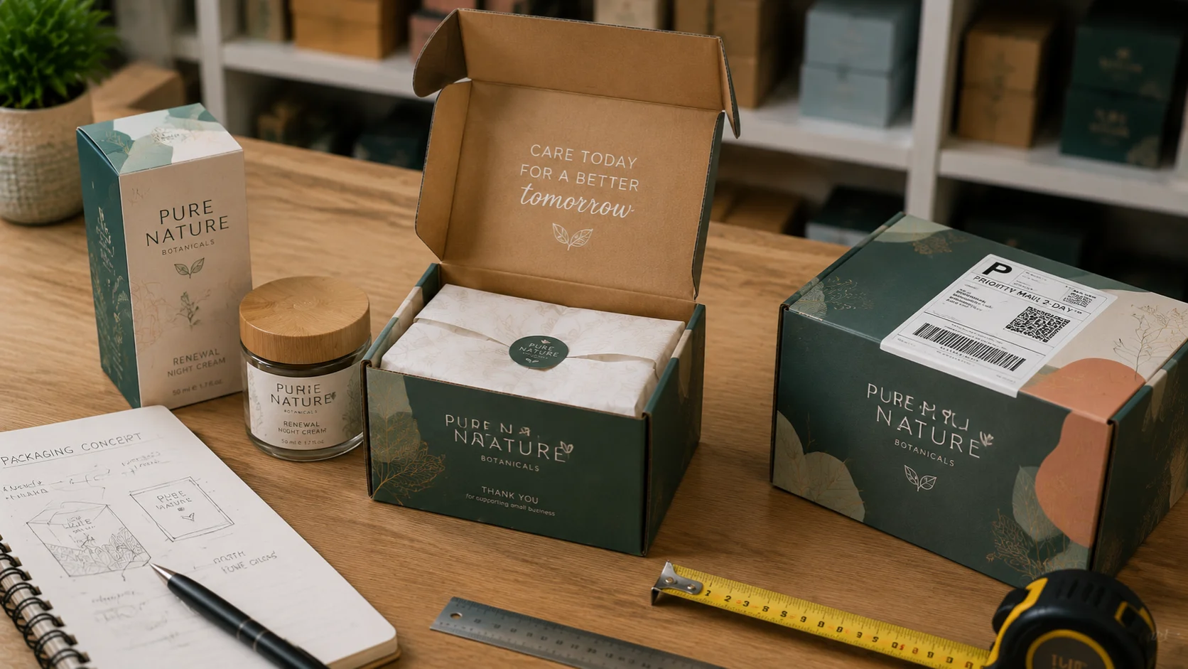 Custom packaging design process showing product samples, box prototypes, and packaging development planning