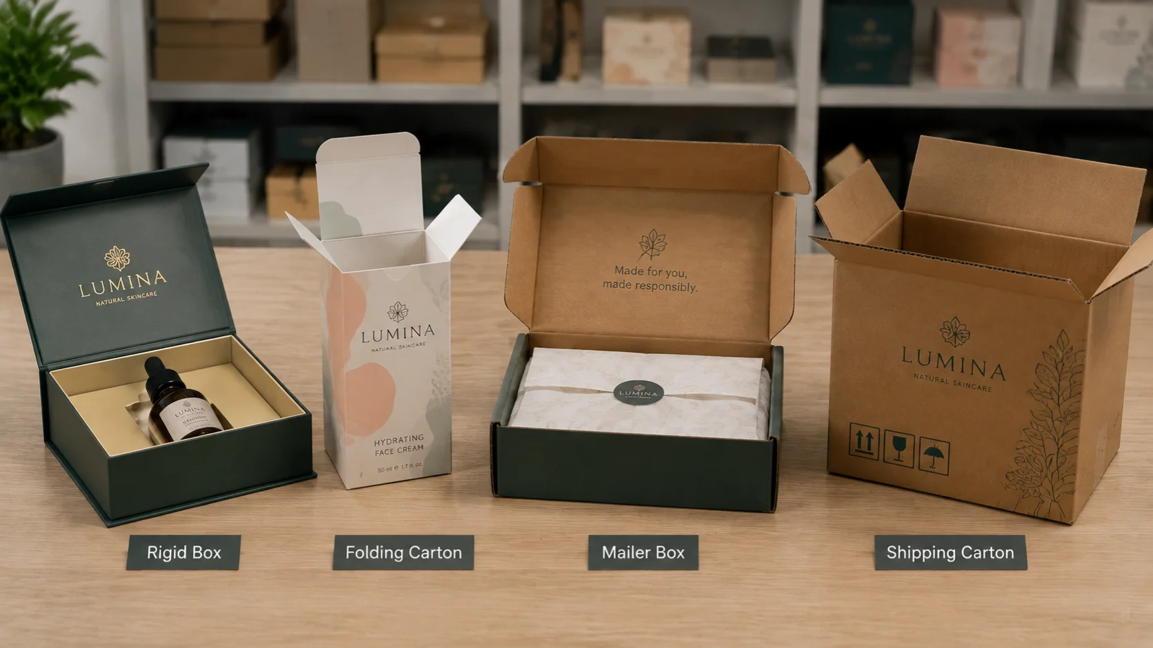 Comparison of different packaging box styles including rigid boxes, folding cartons, mailer boxes, and shipping cartons