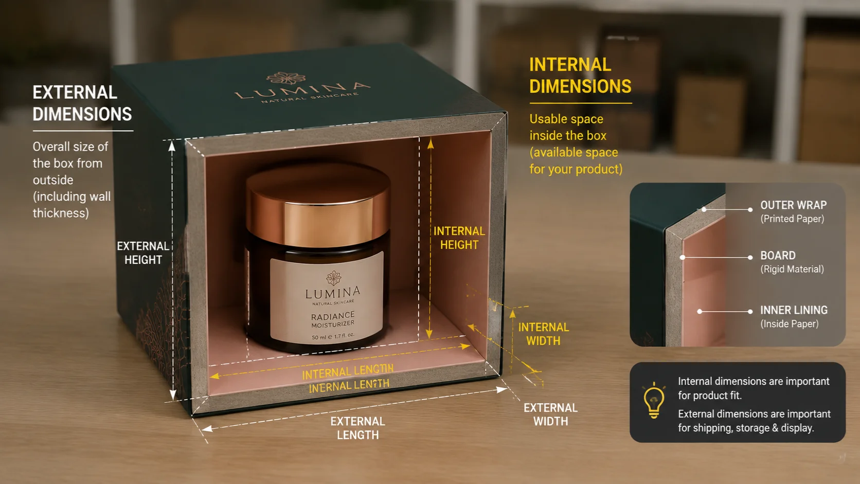 Illustration explaining the difference between internal and external box dimensions for product packaging