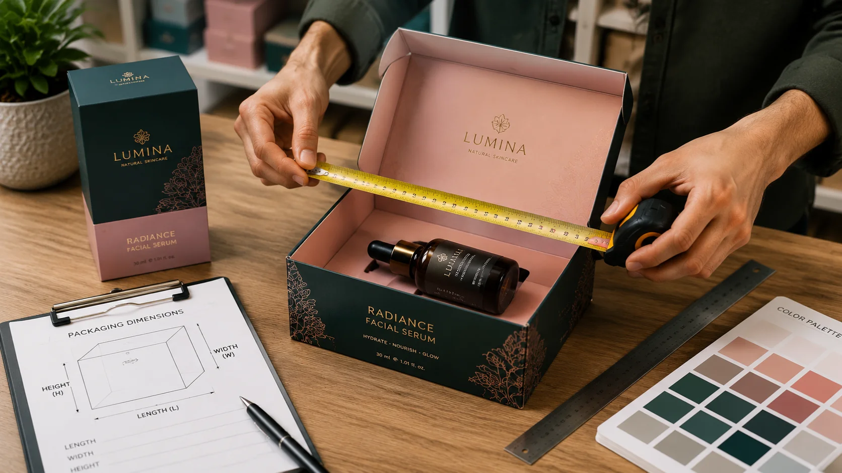 Measuring product dimensions with a ruler before selecting the correct custom box size for packaging